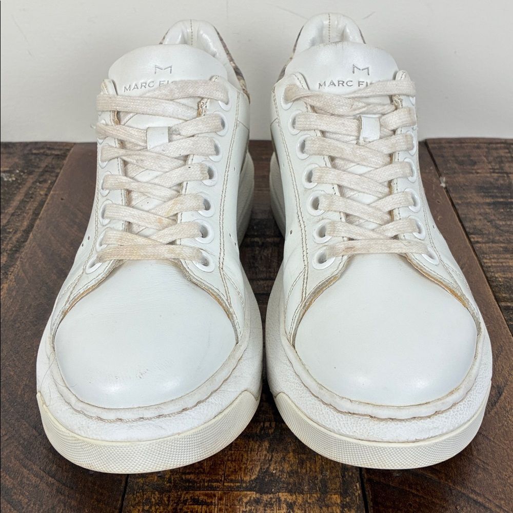 Marc Fisher Women’s 7 Maggy White Leather Low-Top Chunky Sneakers Snakeskin Heel - Picture 2 of 8